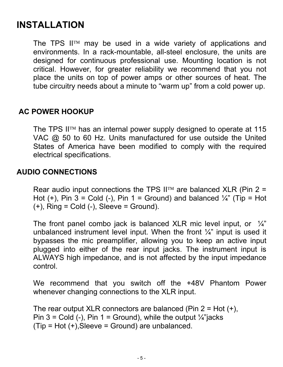 Installation | ART Pro Audio TPS II - Tube Preamplifier System User Manual | Page 5 / 18