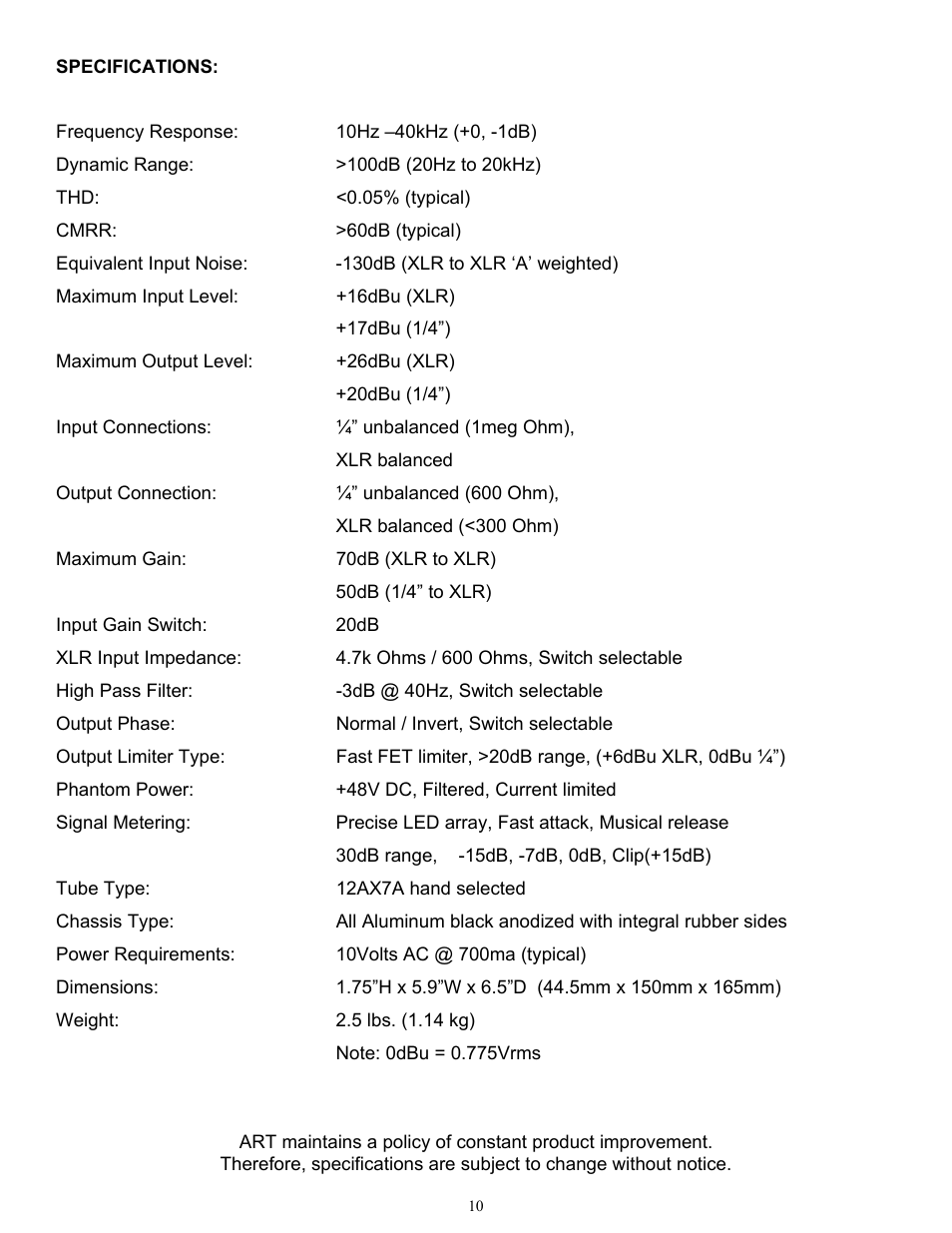 ART Pro Audio Tube MP - Project Series User Manual | Page 10 / 12