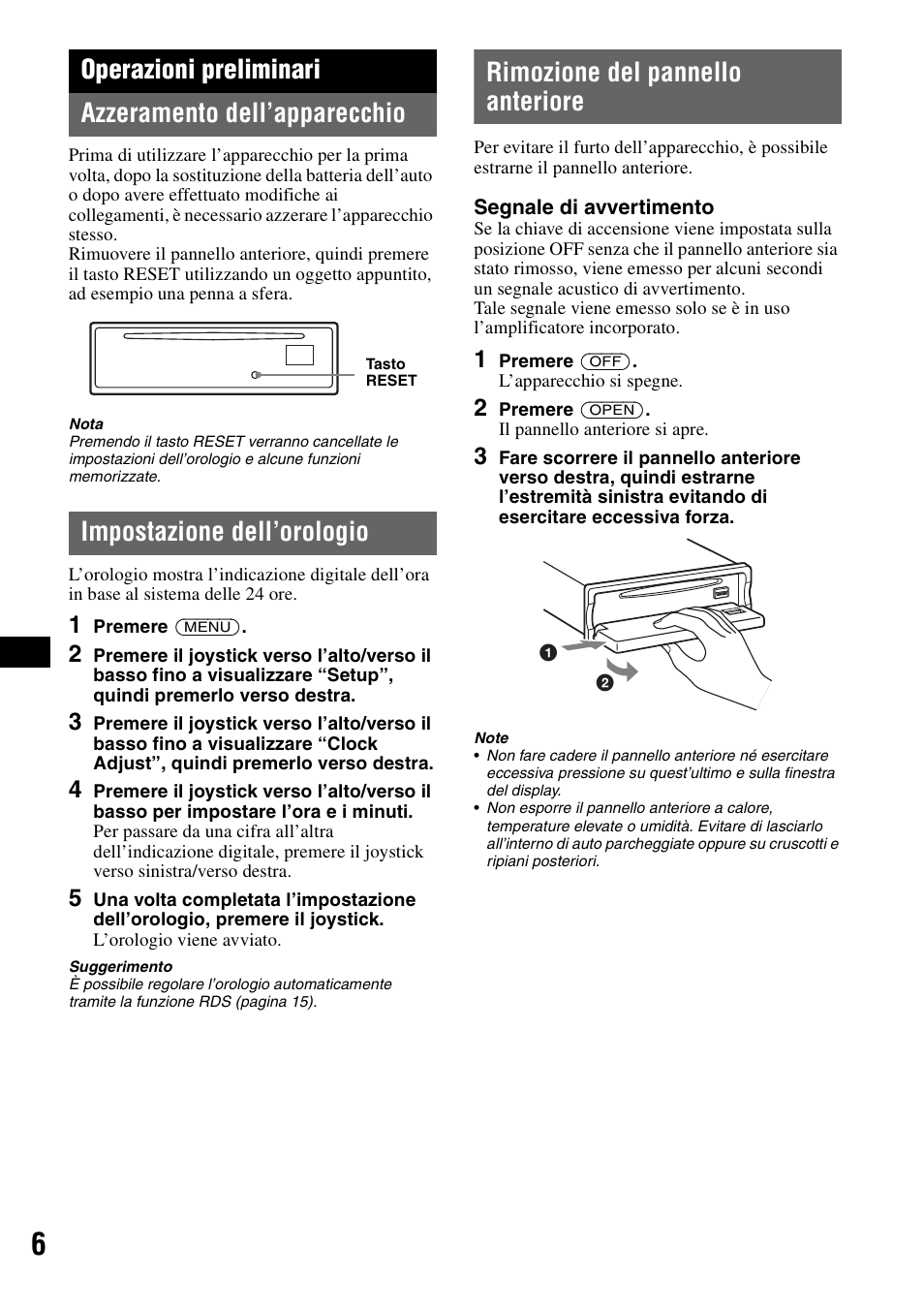 Operazioni preliminari, Azzeramento dell’apparecchio, Impostazione dell’orologio | Rimozione del pannello anteriore | Sony MEX-BT5000 User Manual | Page 104 / 204