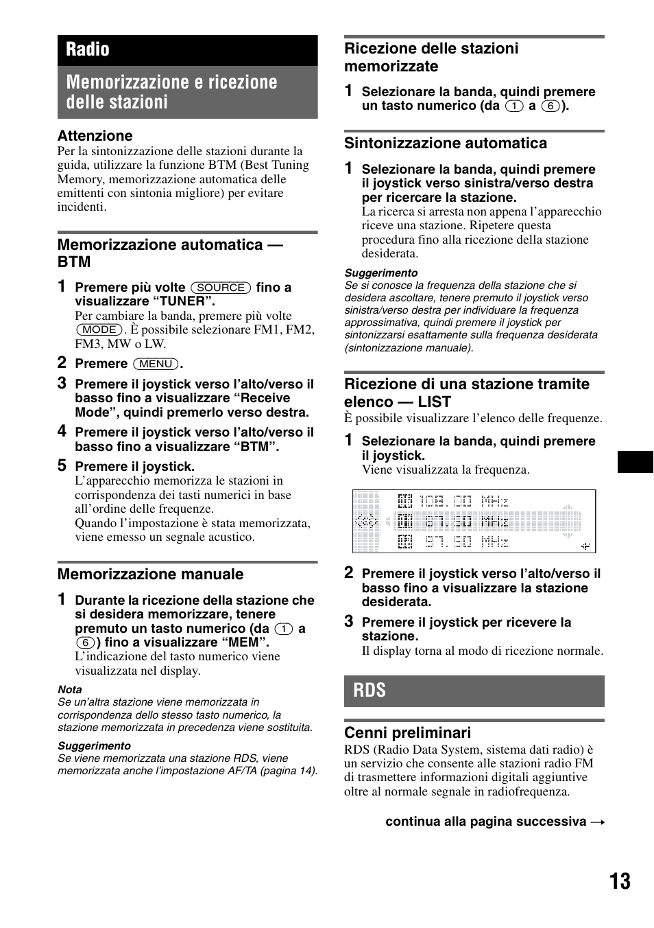 Radio, Memorizzazione e ricezione delle stazioni, Memorizzazione automatica - btm | Memorizzazione manuale, Ricezione delle stazioni memorizzate, Sintonizzazione automatica, Ricezione di una stazione tramite elenco - list, Cenni preliminari | Sony MEX-BT5000 User Manual | Page 111 / 204