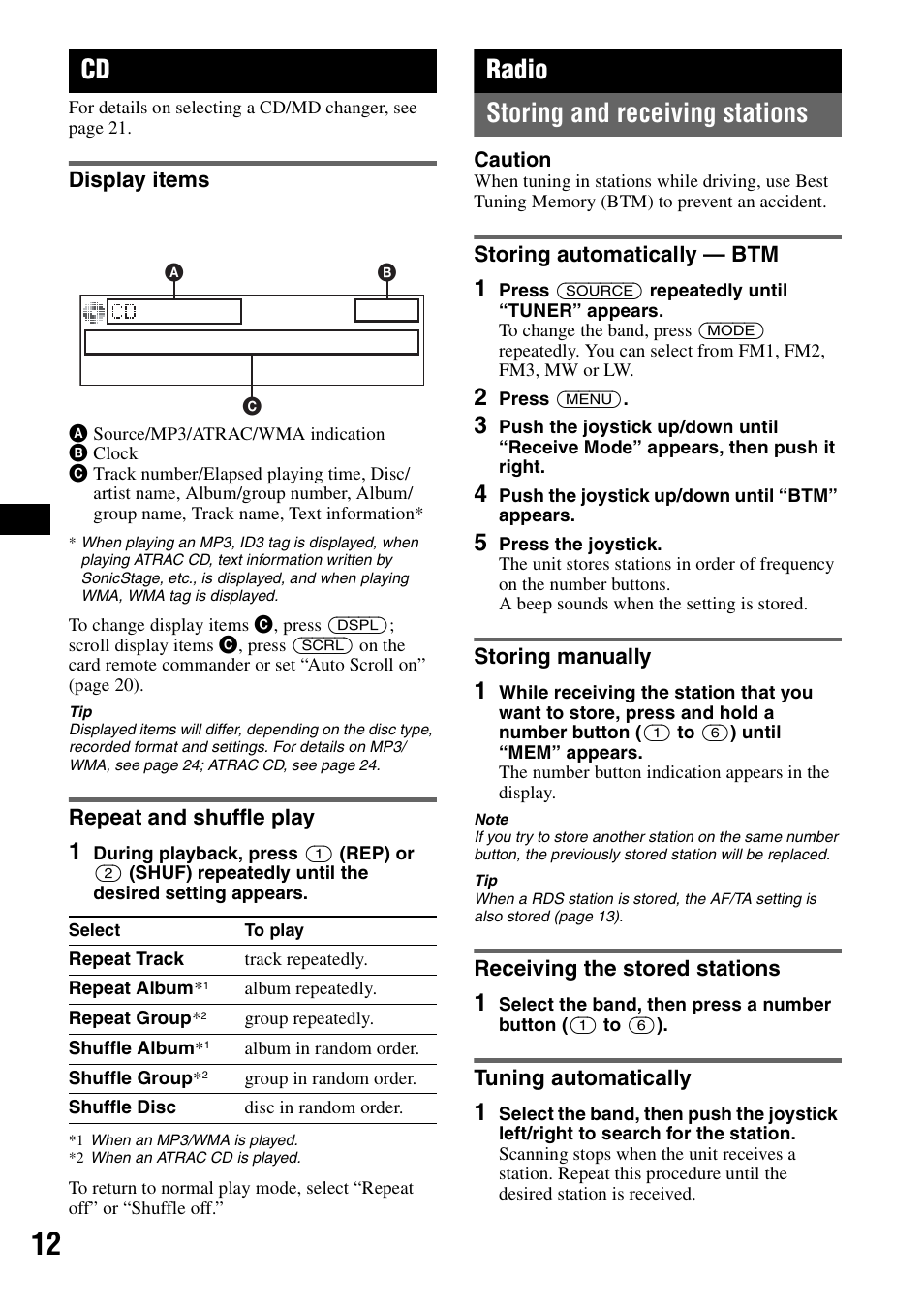 Display items, Repeat and shuffle play, Radio | Storing and receiving stations, Storing automatically - btm, Storing manually, Receiving the stored stations, Tuning automatically, Display items repeat and shuffle play, Ep 12 | Sony MEX-BT5000 User Manual | Page 12 / 204