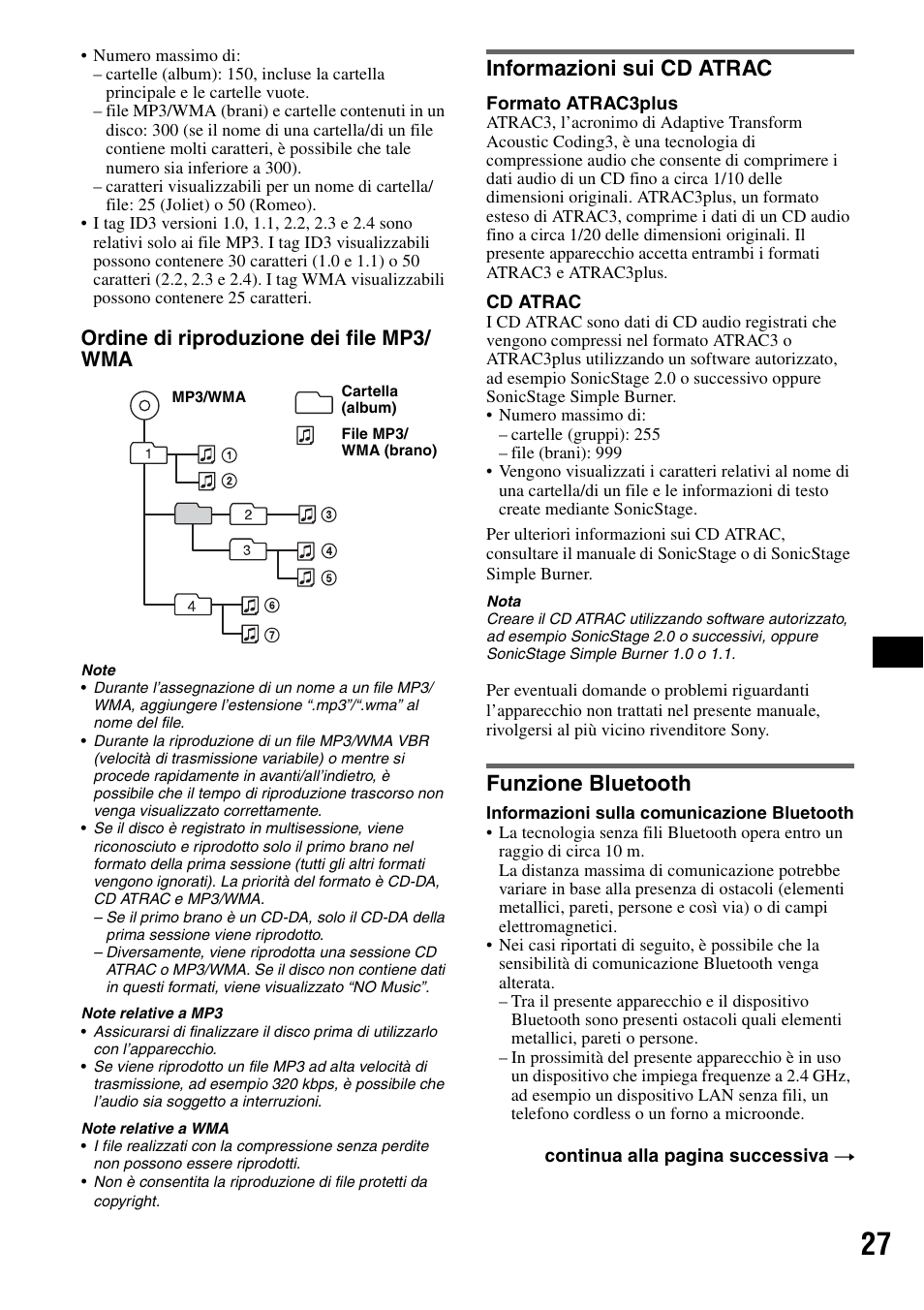 Informazioni sui cd atrac, Funzione bluetooth, Informazioni sui cd atrac funzione bluetooth | Ordine di riproduzione dei file mp3/ wma | Sony MEX-BT5000 User Manual | Page 125 / 204