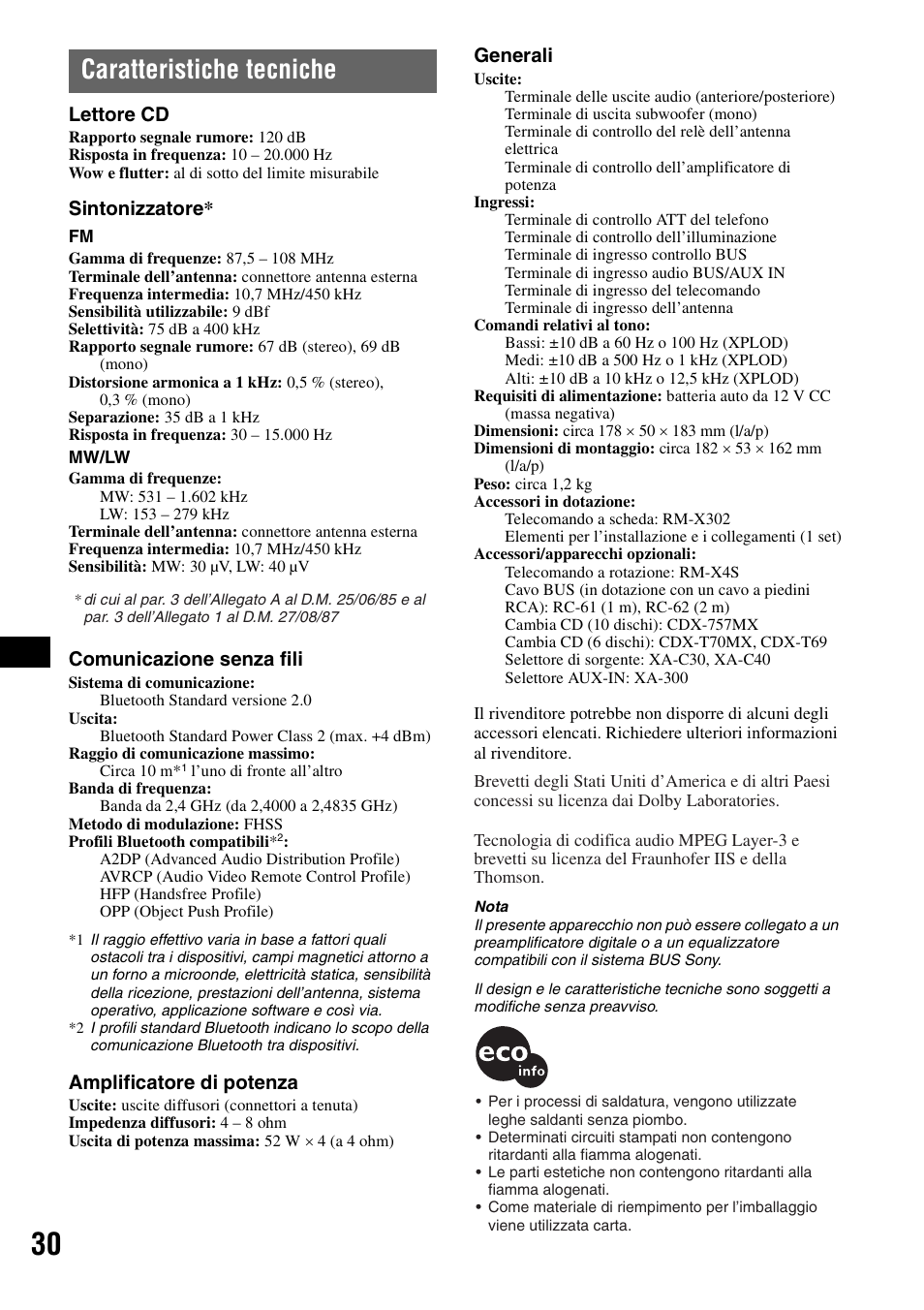 Caratteristiche tecniche, Lettore cd, Sintonizzatore | Comunicazione senza fili, Amplificatore di potenza, Generali | Sony MEX-BT5000 User Manual | Page 128 / 204