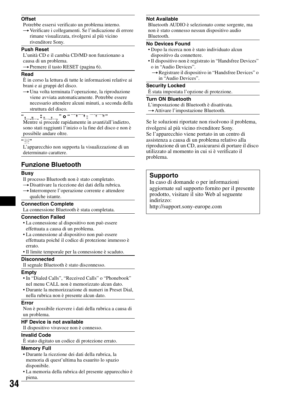 Funzione bluetooth, Supporto | Sony MEX-BT5000 User Manual | Page 132 / 204