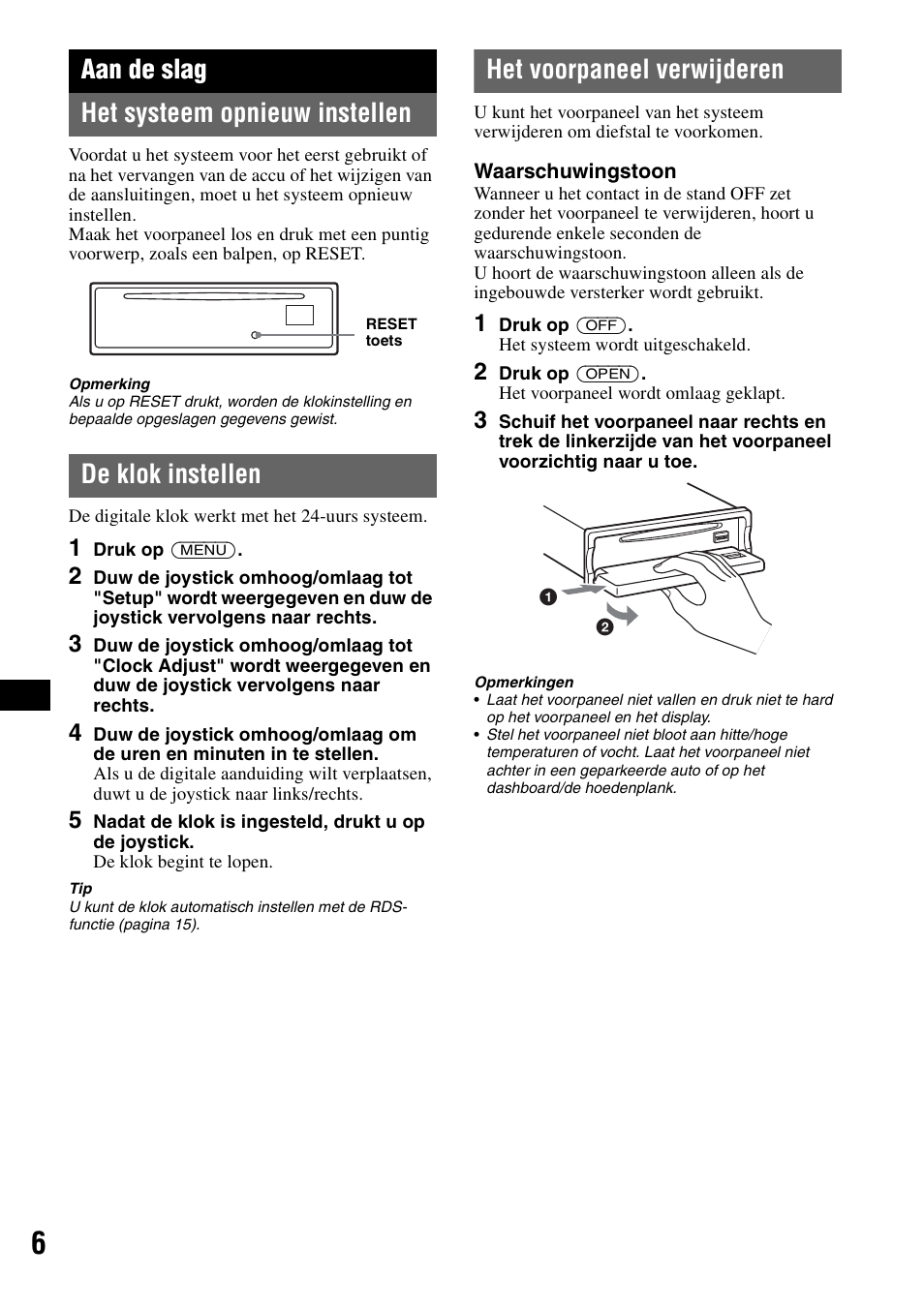 Aan de slag, Het systeem opnieuw instellen, De klok instellen | Het voorpaneel verwijderen, Aan de slag het systeem opnieuw instellen | Sony MEX-BT5000 User Manual | Page 138 / 204