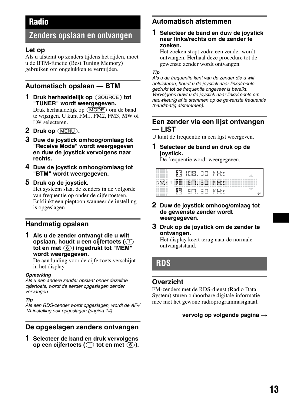 Radio, Zenders opslaan en ontvangen, Automatisch opslaan - btm | Handmatig opslaan, De opgeslagen zenders ontvangen, Automatisch afstemmen, Een zender via een lijst ontvangen - list, Overzicht, Radio zenders opslaan en ontvangen | Sony MEX-BT5000 User Manual | Page 145 / 204