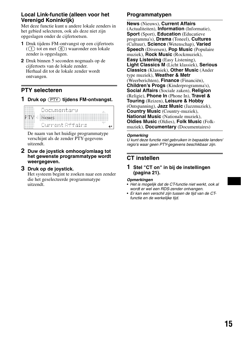 Pty selecteren, Ct instellen, Pty selecteren ct instellen | Sony MEX-BT5000 User Manual | Page 147 / 204