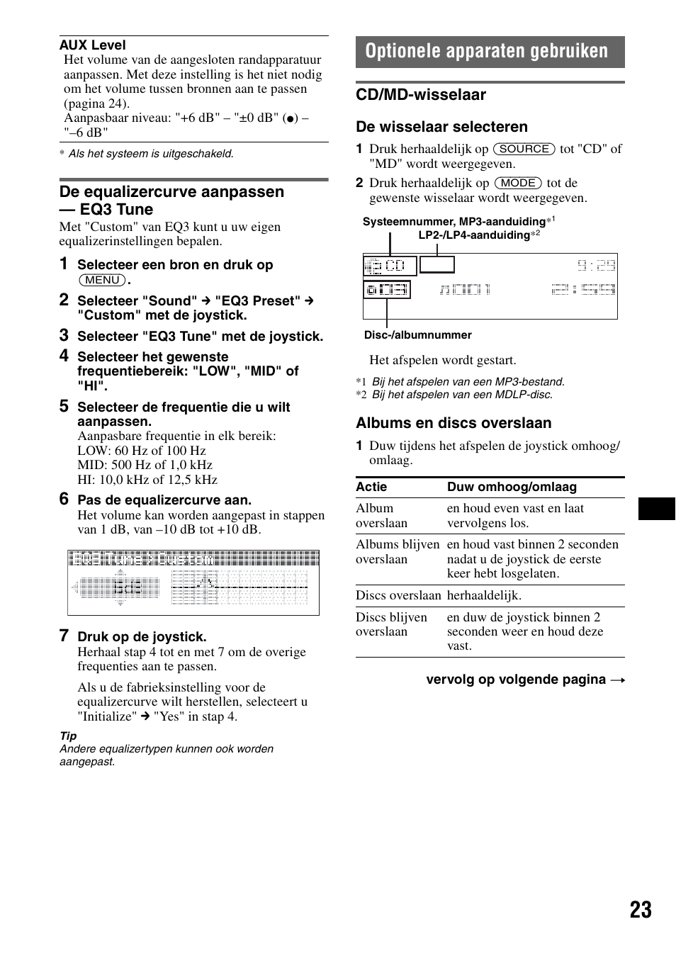 De equalizercurve aanpassen - eq3 tune, Optionele apparaten gebruiken, Cd/md-wisselaar | De equalizercurve aanpassen — eq3 tune | Sony MEX-BT5000 User Manual | Page 155 / 204