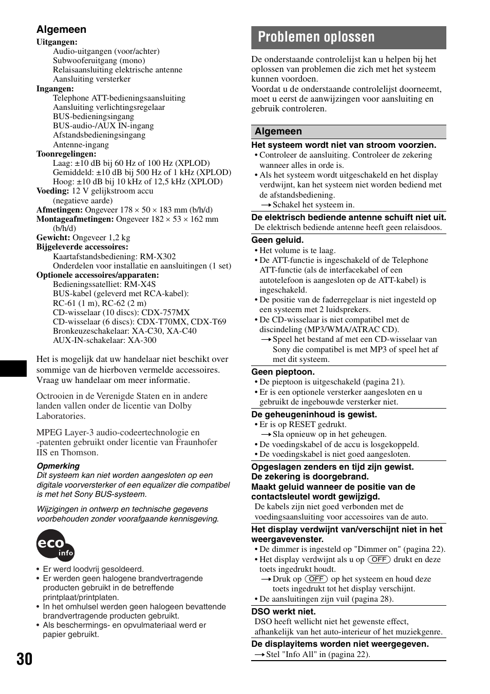 Problemen oplossen, Algemeen | Sony MEX-BT5000 User Manual | Page 162 / 204