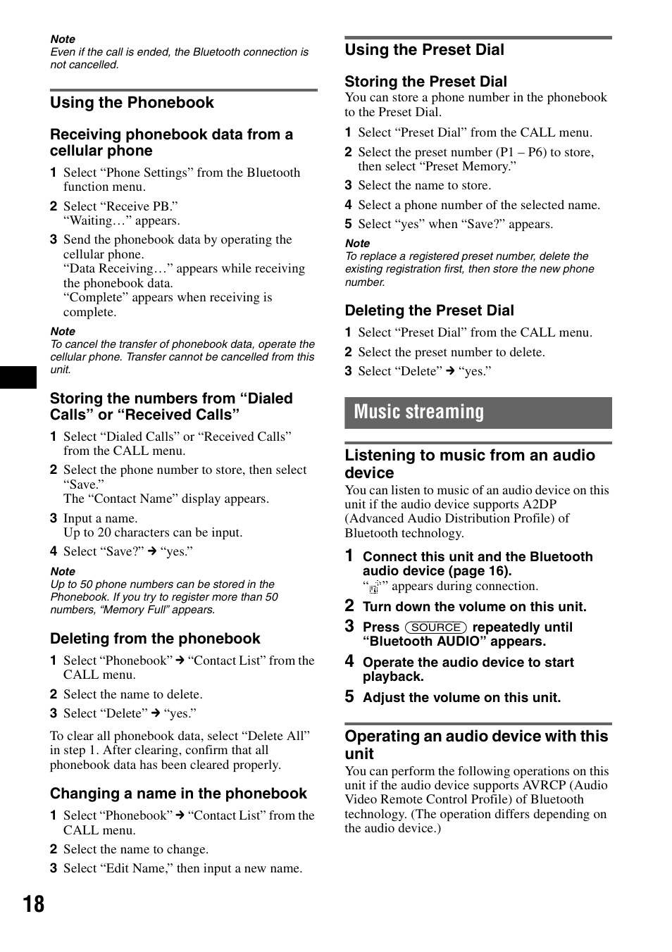 Using the phonebook, Using the preset dial, Music streaming | Listening to music from an audio device, Operating an audio device with this unit, Using the phonebook using the preset dial | Sony MEX-BT5000 User Manual | Page 18 / 204