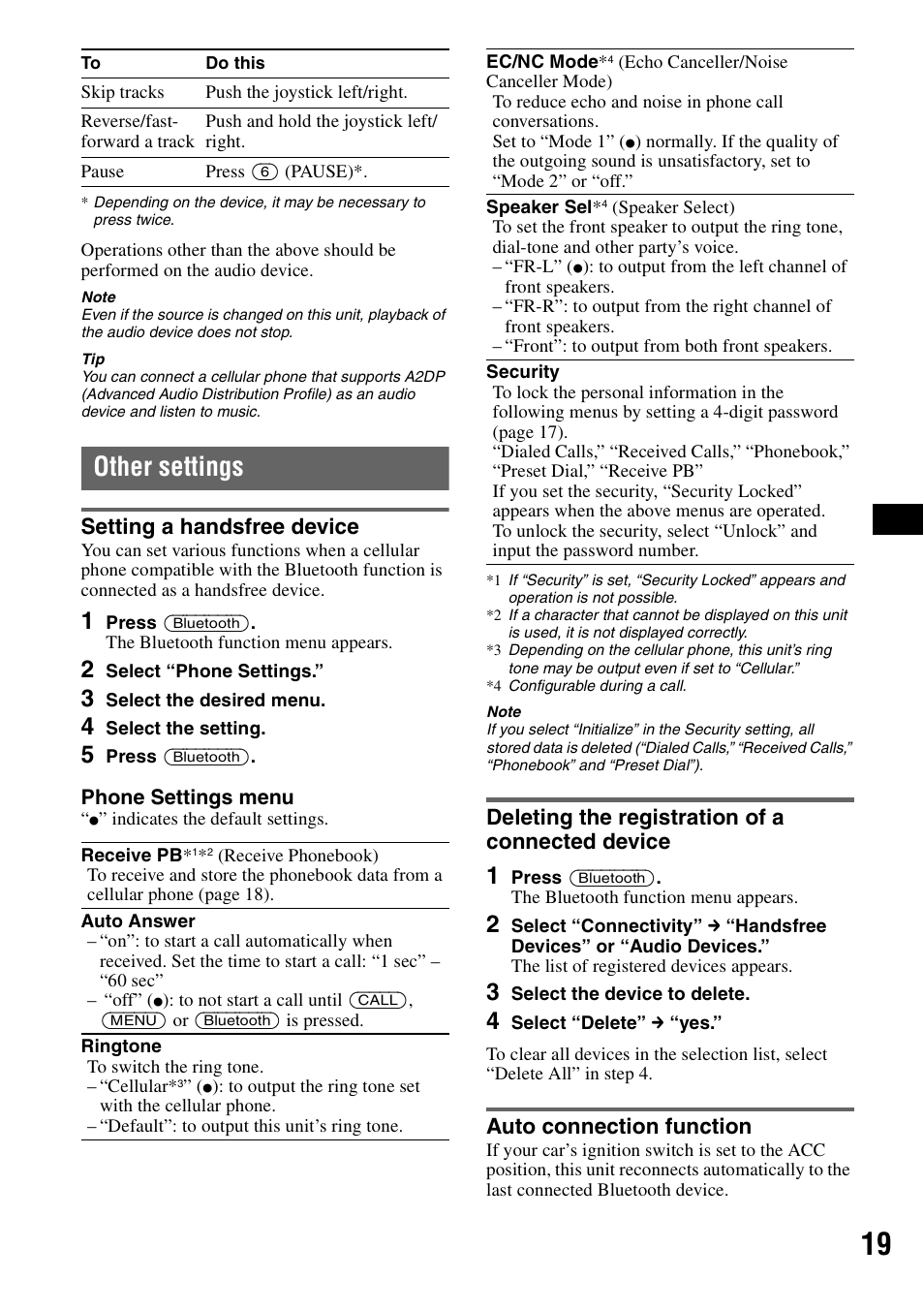 Other settings, Setting a handsfree device, Deleting the registration of a connected device | Auto connection function | Sony MEX-BT5000 User Manual | Page 19 / 204