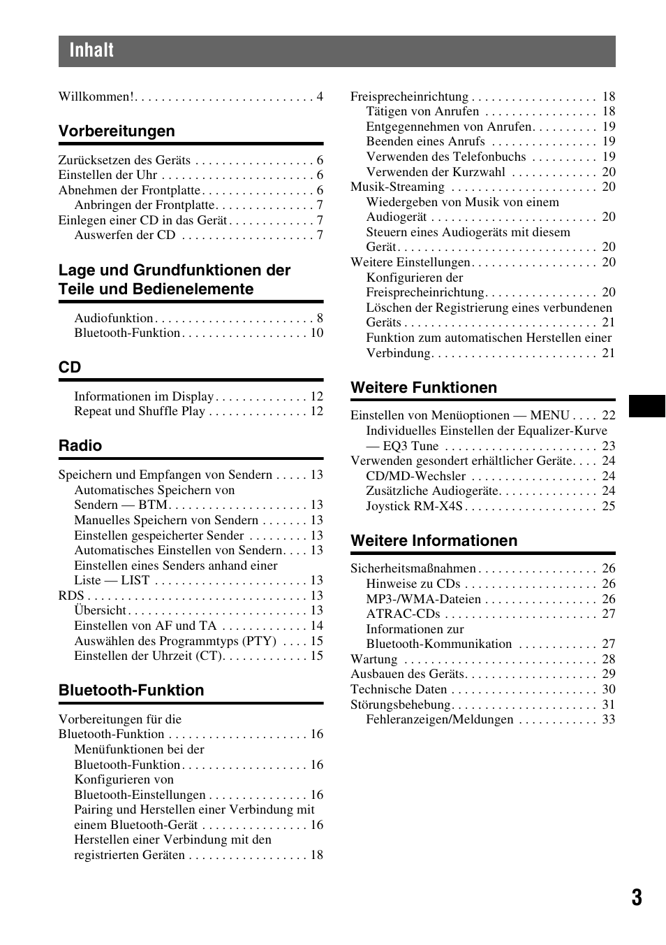 Inhalt | Sony MEX-BT5000 User Manual | Page 33 / 204