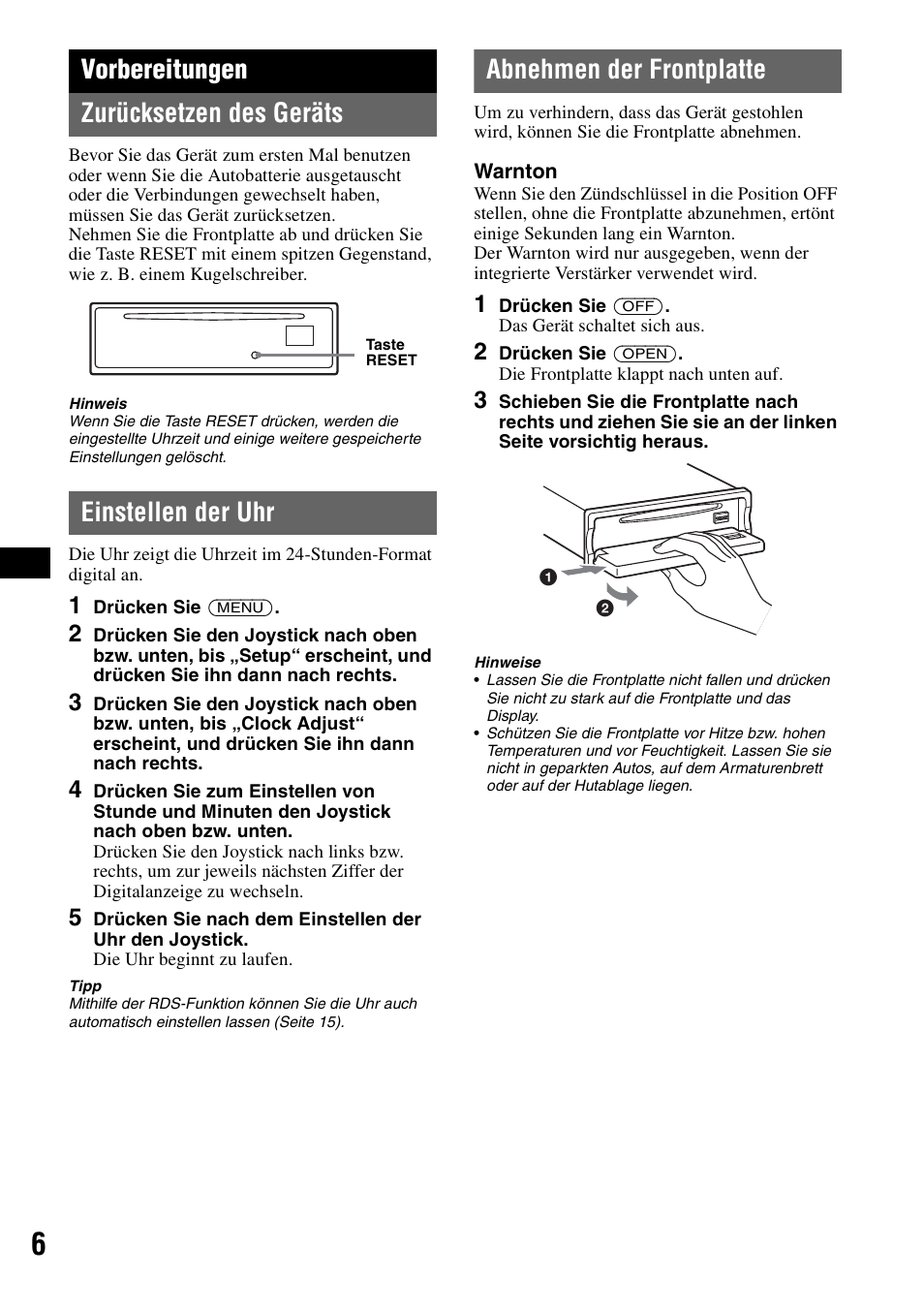 Vorbereitungen, Zurücksetzen des geräts, Einstellen der uhr | Abnehmen der frontplatte, Vorbereitungen zurücksetzen des geräts | Sony MEX-BT5000 User Manual | Page 36 / 204