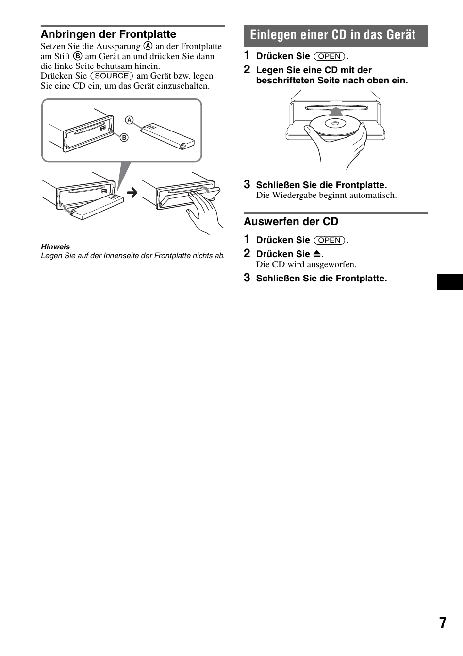 Anbringen der frontplatte, Einlegen einer cd in das gerät, Auswerfen der cd | Sony MEX-BT5000 User Manual | Page 37 / 204