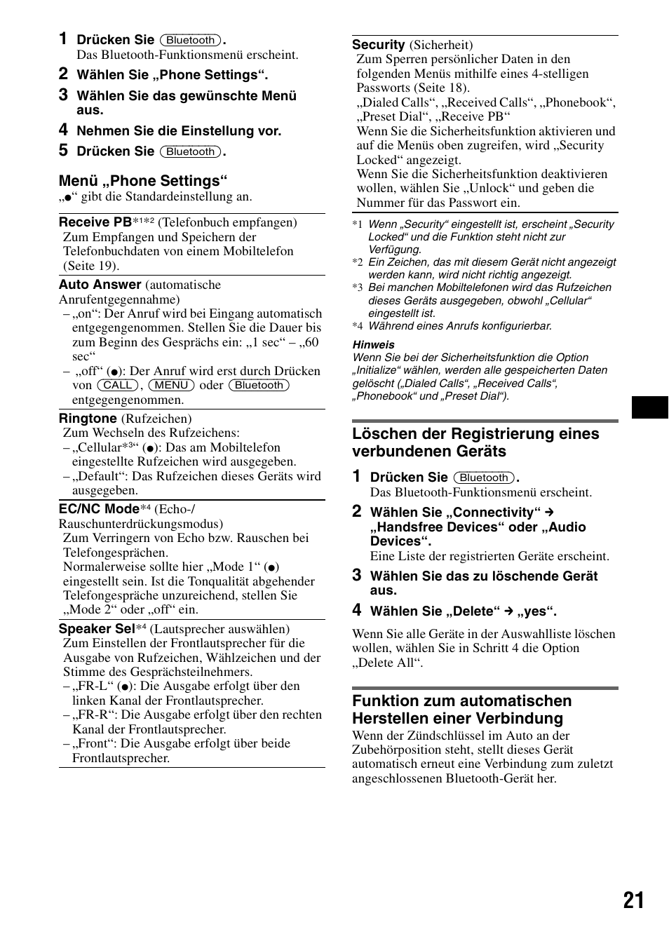 Löschen der registrierung eines verbundenen geräts, Seite 21) | Sony MEX-BT5000 User Manual | Page 51 / 204