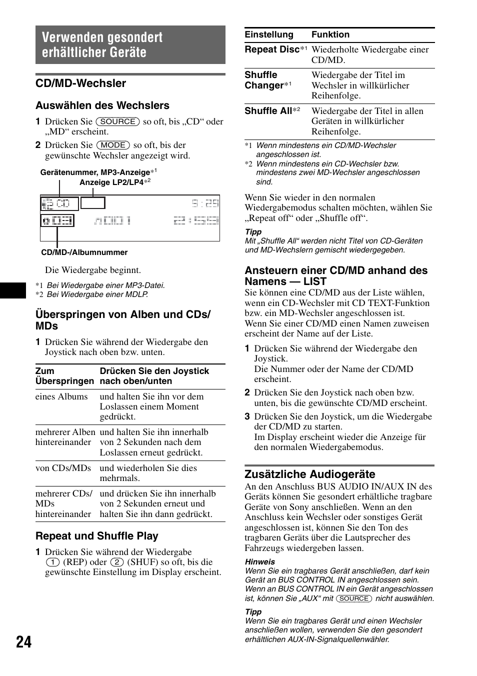 Verwenden gesondert erhältlicher geräte, Cd/md-wechsler, Zusätzliche audiogeräte | Cd/md-wechsler zusätzliche audiogeräte, Seite 24), Seite 24 | Sony MEX-BT5000 User Manual | Page 54 / 204