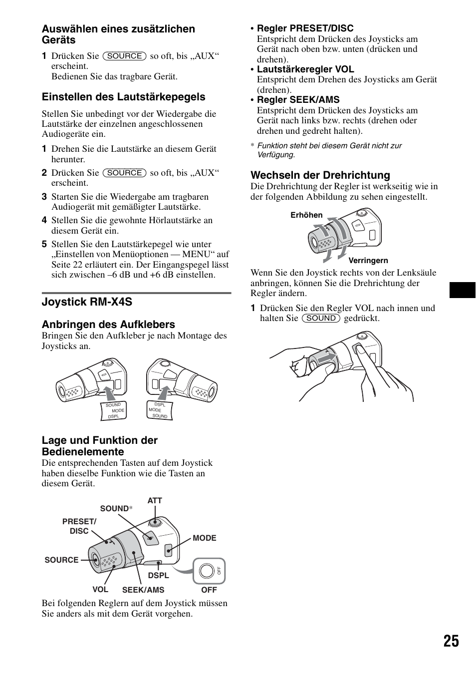 Joystick rm-x4s, Seite 25), Auswählen eines zusätzlichen geräts | Einstellen des lautstärkepegels, Anbringen des aufklebers, Lage und funktion der bedienelemente, Wechseln der drehrichtung | Sony MEX-BT5000 User Manual | Page 55 / 204