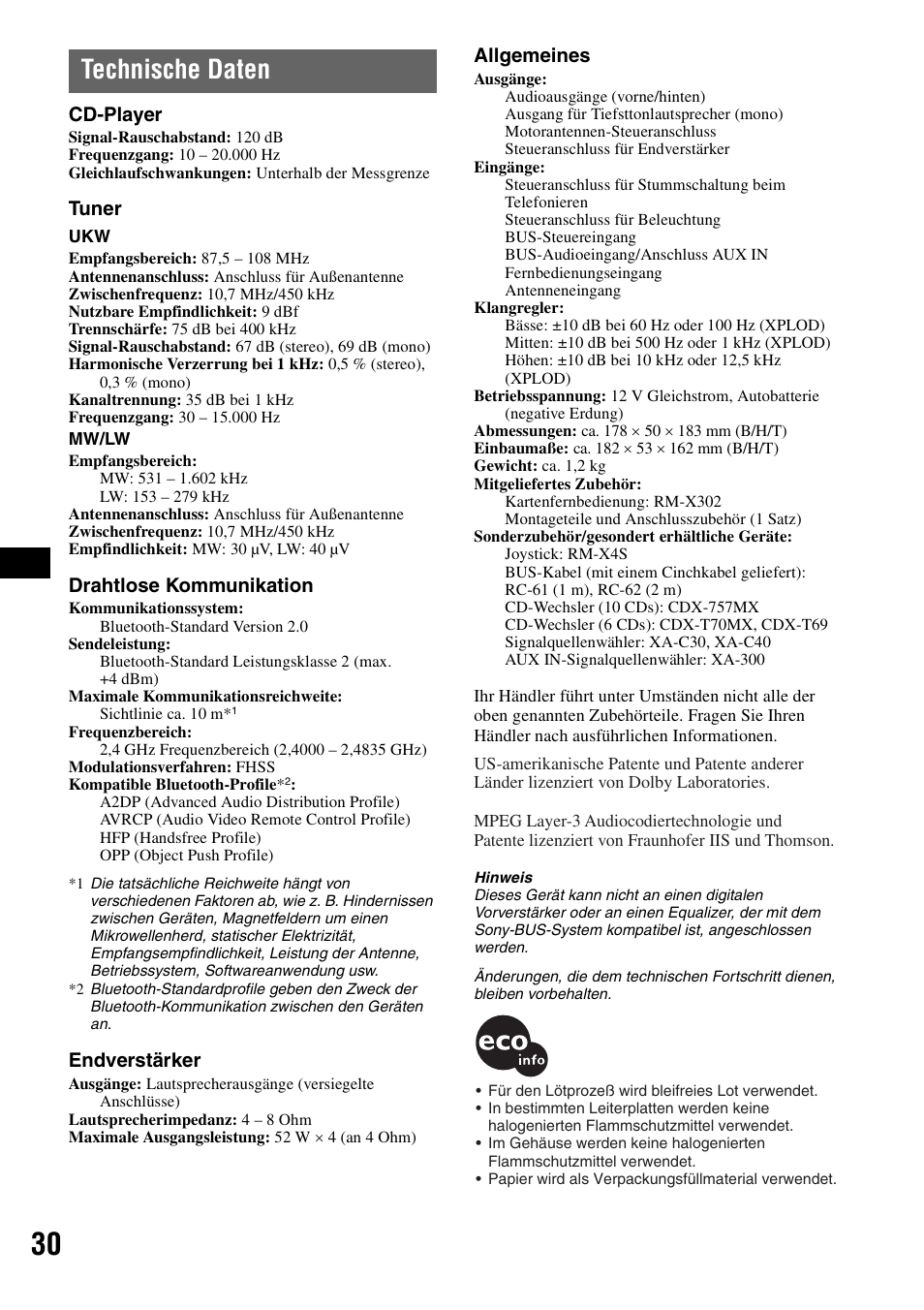 Technische daten, Cd-player, Tuner | Drahtlose kommunikation, Endverstärker, Allgemeines | Sony MEX-BT5000 User Manual | Page 60 / 204