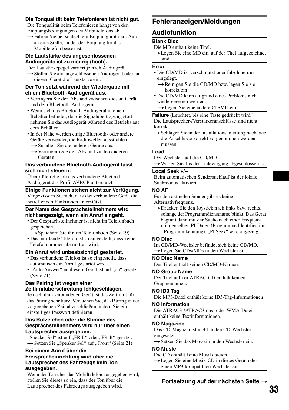 Fehleranzeigen/meldungen, Audiofunktion | Sony MEX-BT5000 User Manual | Page 63 / 204