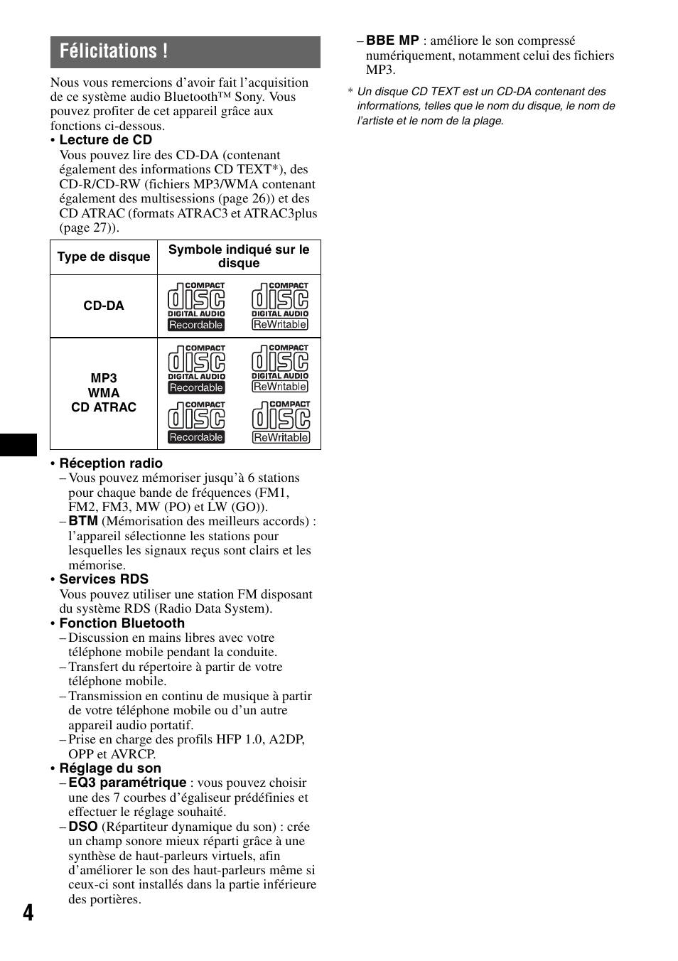 Félicitations | Sony MEX-BT5000 User Manual | Page 68 / 204