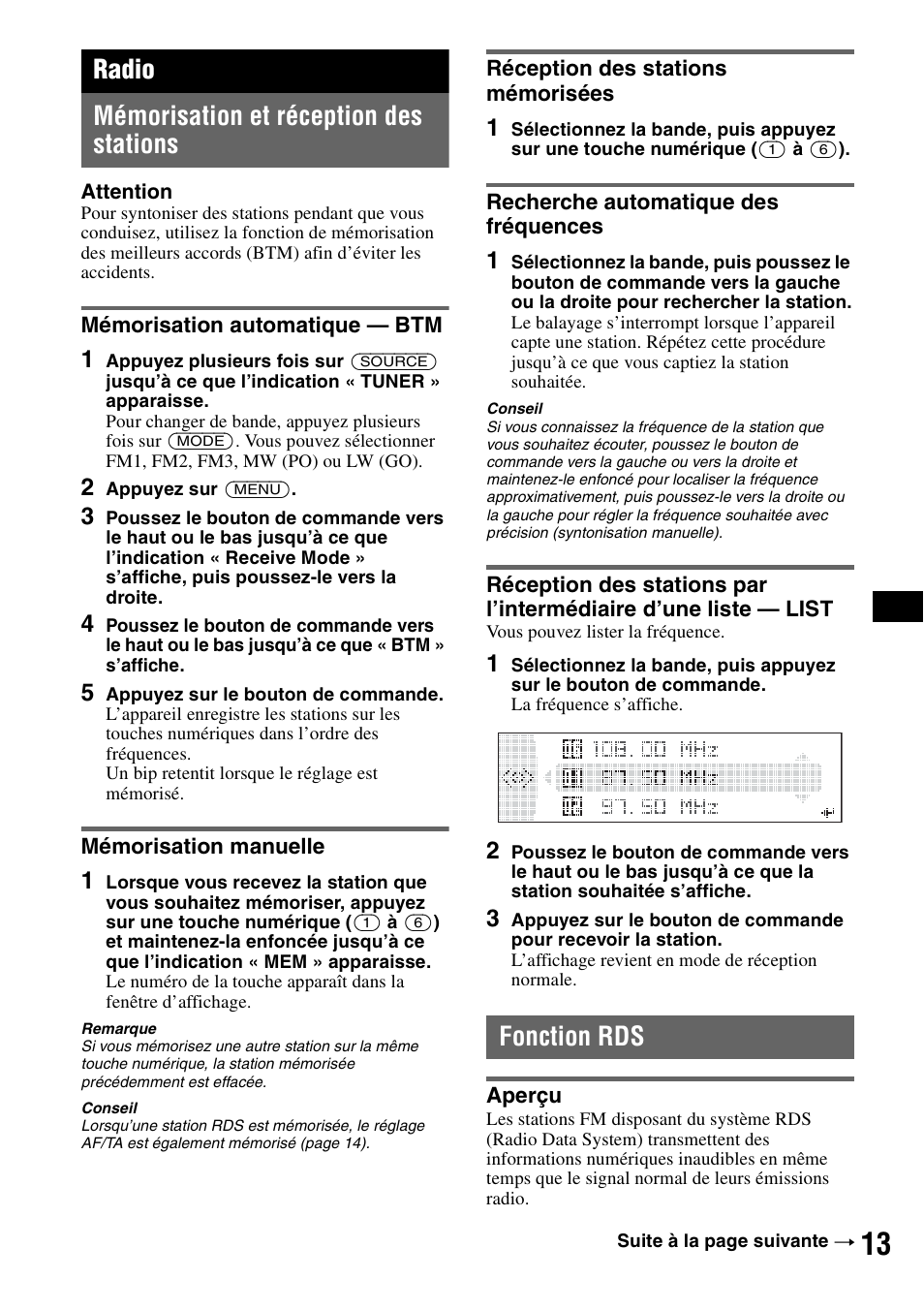 Radio, Mémorisation et réception des stations, Mémorisation automatique - btm | Mémorisation manuelle, Réception des stations mémorisées, Recherche automatique des fréquences, Fonction rds, Aperçu, Radio mémorisation et réception des stations | Sony MEX-BT5000 User Manual | Page 77 / 204