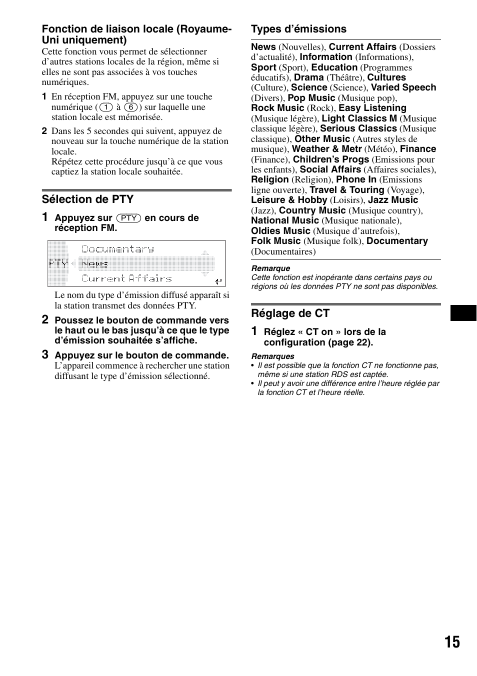 Sélection de pty, Réglage de ct, Sélection de pty réglage de ct | Sony MEX-BT5000 User Manual | Page 79 / 204