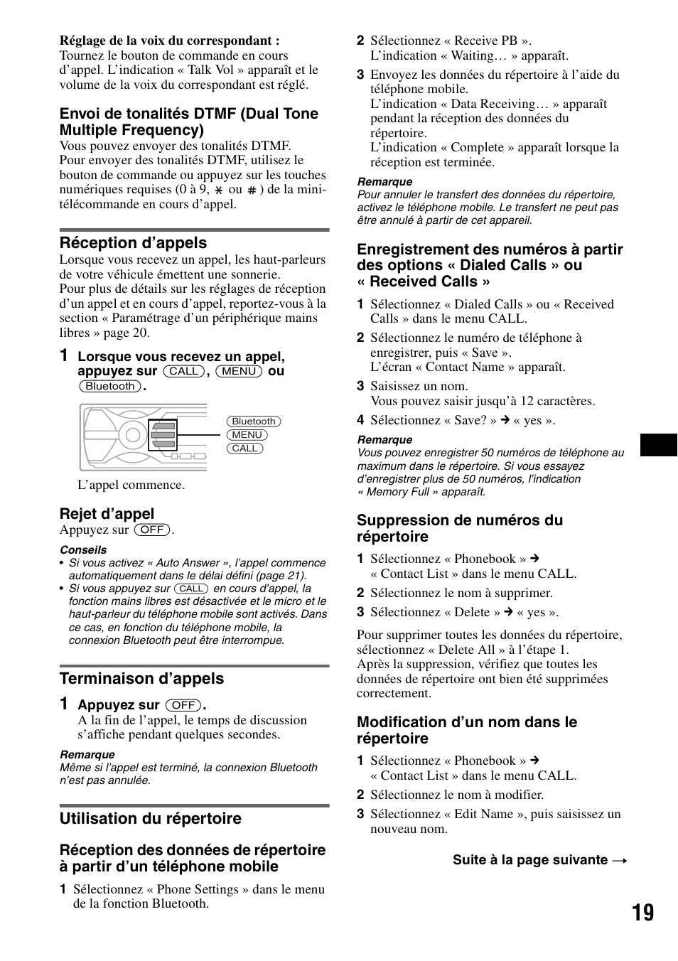 Réception d’appels, Terminaison d’appels, Utilisation du répertoire | Sony MEX-BT5000 User Manual | Page 83 / 204