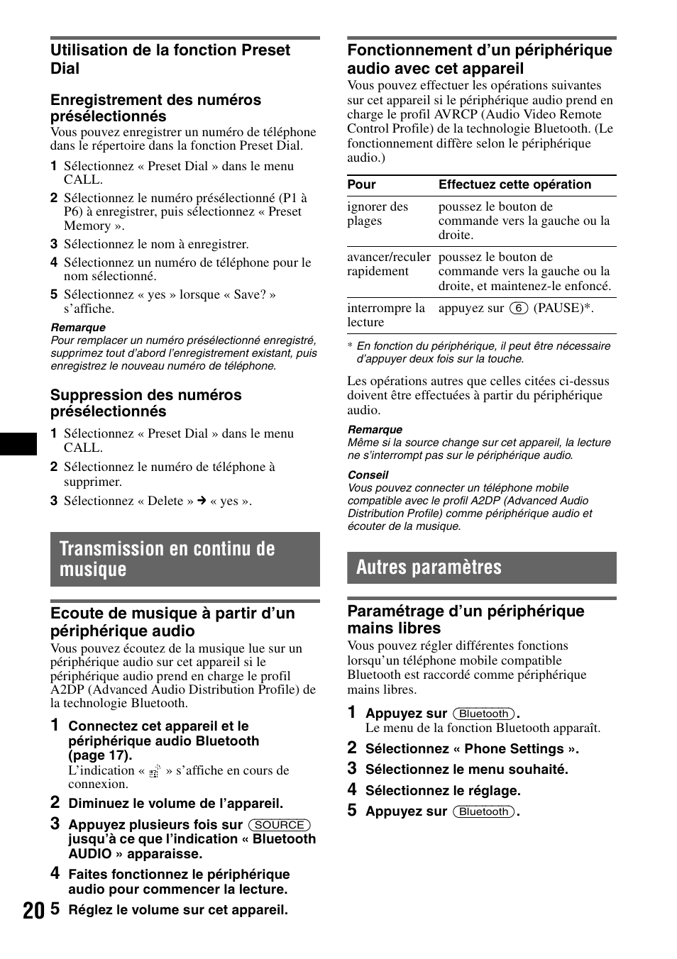 Utilisation de la fonction preset dial, Transmission en continu de musique, Ecoute de musique à partir d’un périphérique audio | Autres paramètres, Paramétrage d’un périphérique mains libres | Sony MEX-BT5000 User Manual | Page 84 / 204