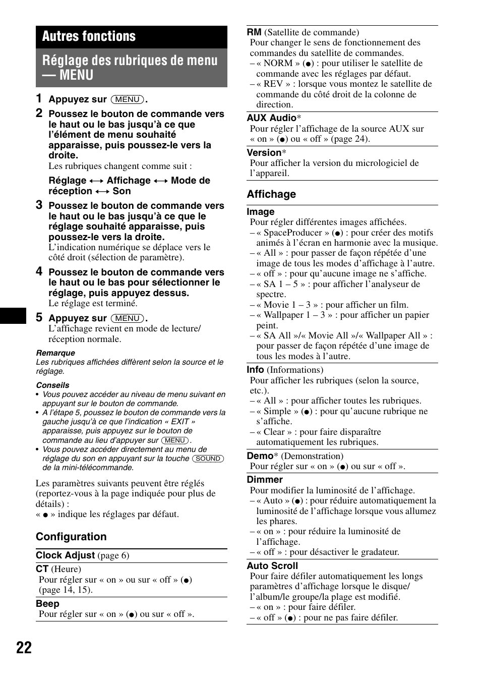 Autres fonctions, Réglage des rubriques de menu - menu, Réglage des rubriques de menu — menu | Age 22) | Sony MEX-BT5000 User Manual | Page 86 / 204