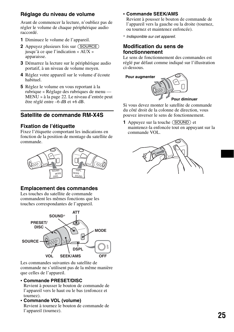 Satellite de commande rm-x4s, Réglage du niveau de volume, Fixation de l’étiquette | Emplacement des commandes, Modification du sens de fonctionnement | Sony MEX-BT5000 User Manual | Page 89 / 204