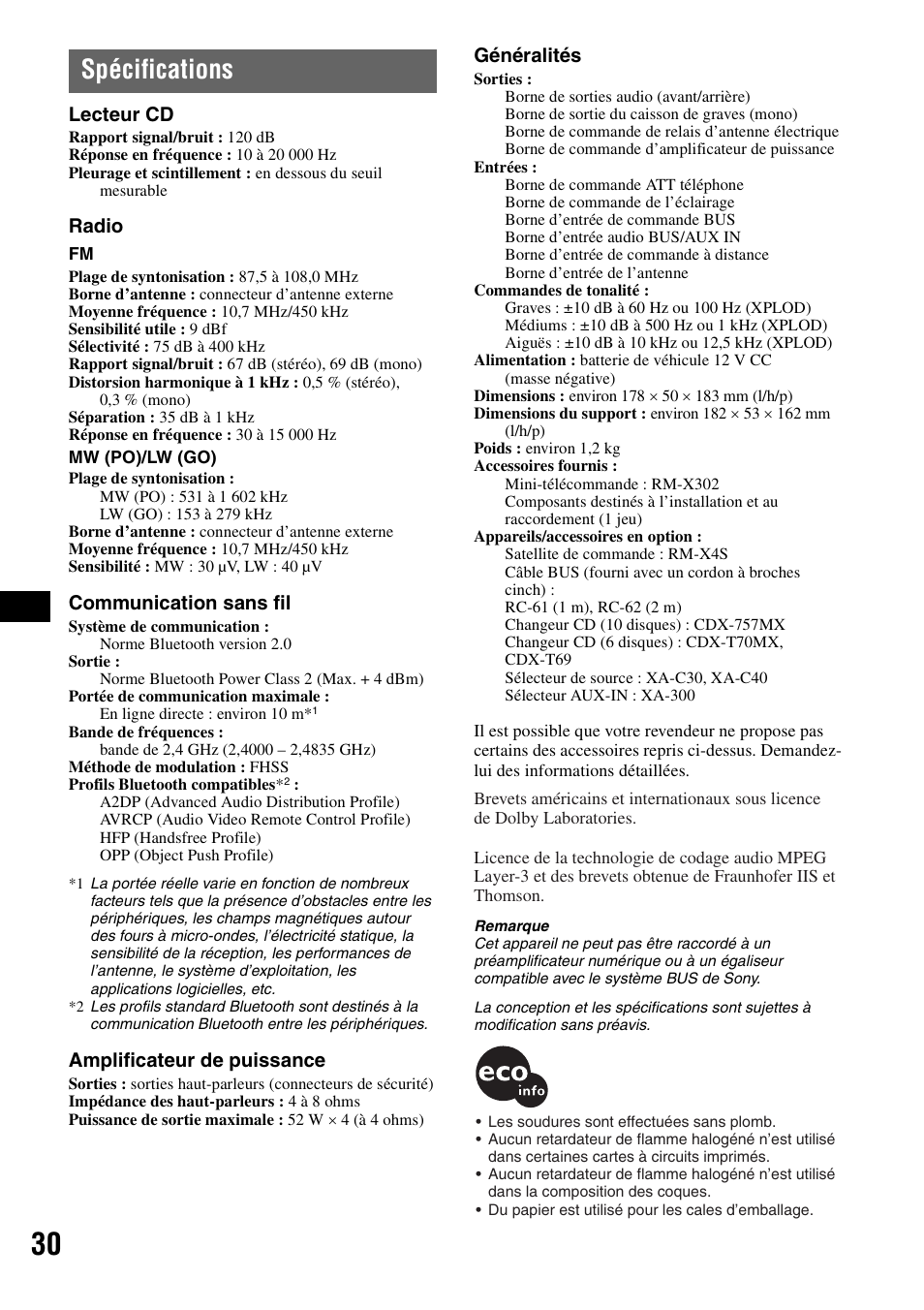 Spécifications | Sony MEX-BT5000 User Manual | Page 94 / 204