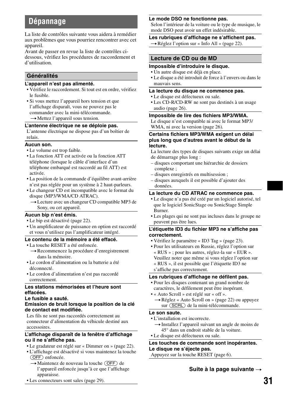 Dépannage | Sony MEX-BT5000 User Manual | Page 95 / 204