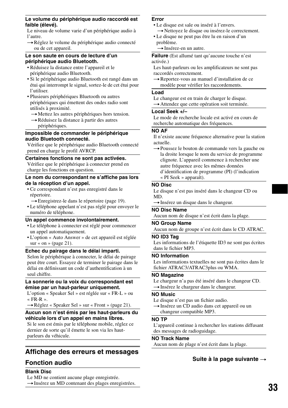 Affichage des erreurs et messages, Fonction audio | Sony MEX-BT5000 User Manual | Page 97 / 204