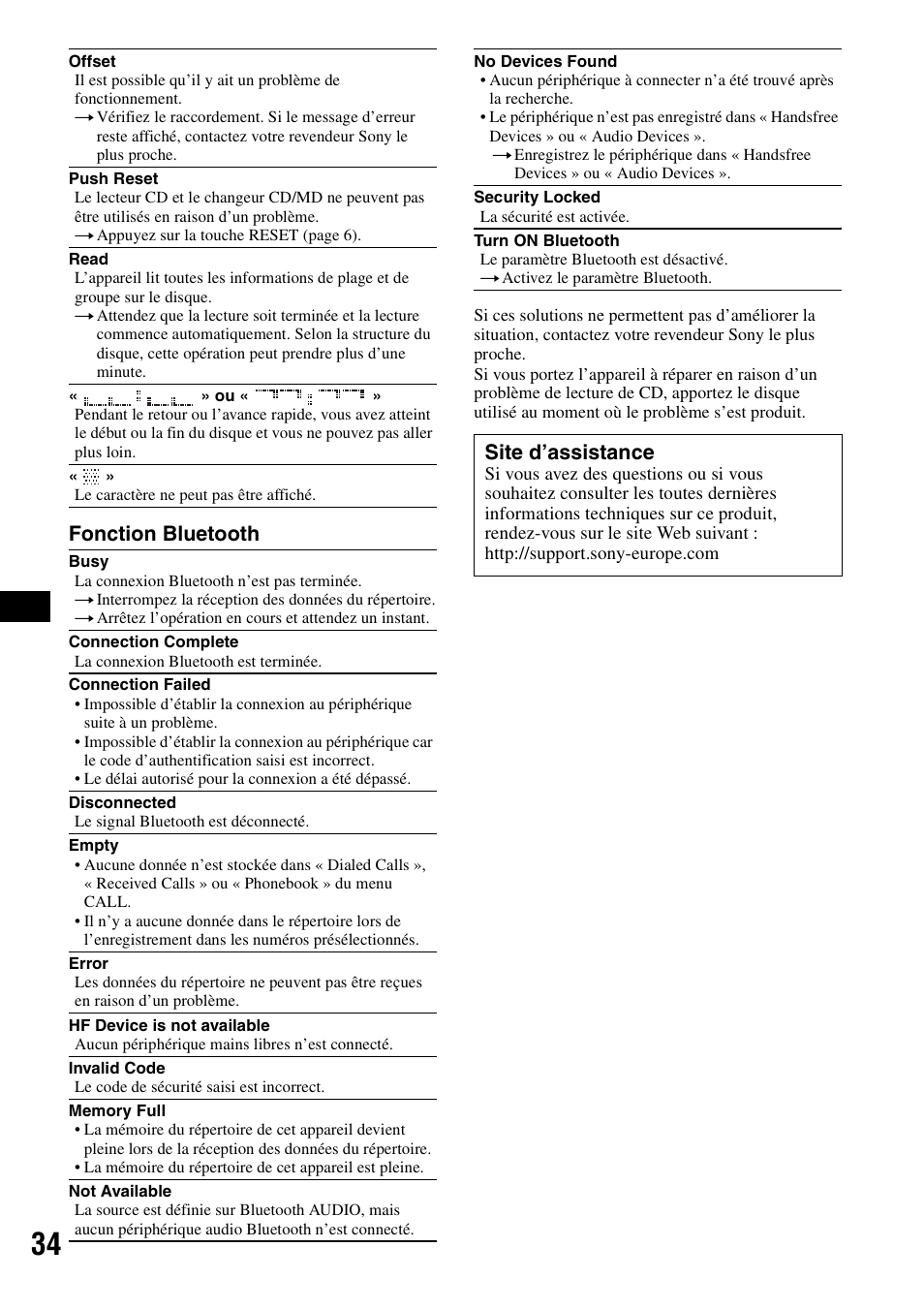 Fonction bluetooth, Site d’assistance | Sony MEX-BT5000 User Manual | Page 98 / 204