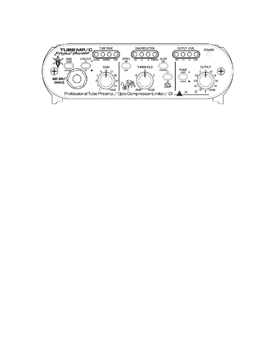 Front panel controls & indicators, Gain control, Gain switch | Low cut switch, Tube drive display | ART Pro Audio Tube MP/C User Manual | Page 8 / 17