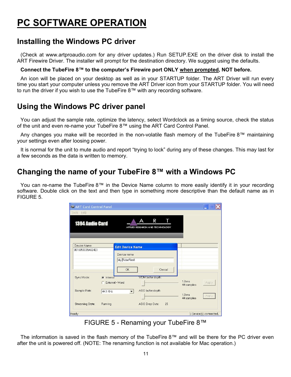 Pc software operation, Installing the windows pc driver, Using the windows pc driver panel | Changing the name of your tubefire 8™ with a wind, Figure 5 - renaming your tubefire 8 | ART Pro Audio TubeFire 8 - Eight Ch. Mic Pre with Firewire User Manual | Page 12 / 26