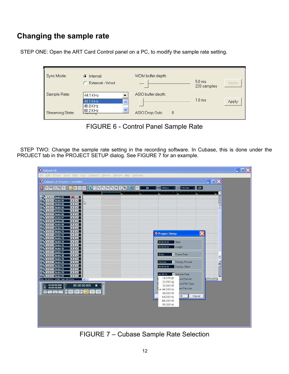 Changing the sample rate, Figure 6 - control panel sample rate, Figure 7 – cubase sample rate selection | ART Pro Audio TubeFire 8 - Eight Ch. Mic Pre with Firewire User Manual | Page 13 / 26