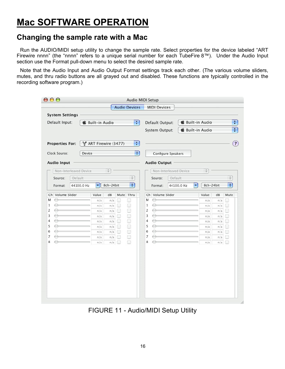 Mac software operation, Changing the sample rate with a mac, Figure 11 - audio/midi setup utility | ART Pro Audio TubeFire 8 - Eight Ch. Mic Pre with Firewire User Manual | Page 17 / 26