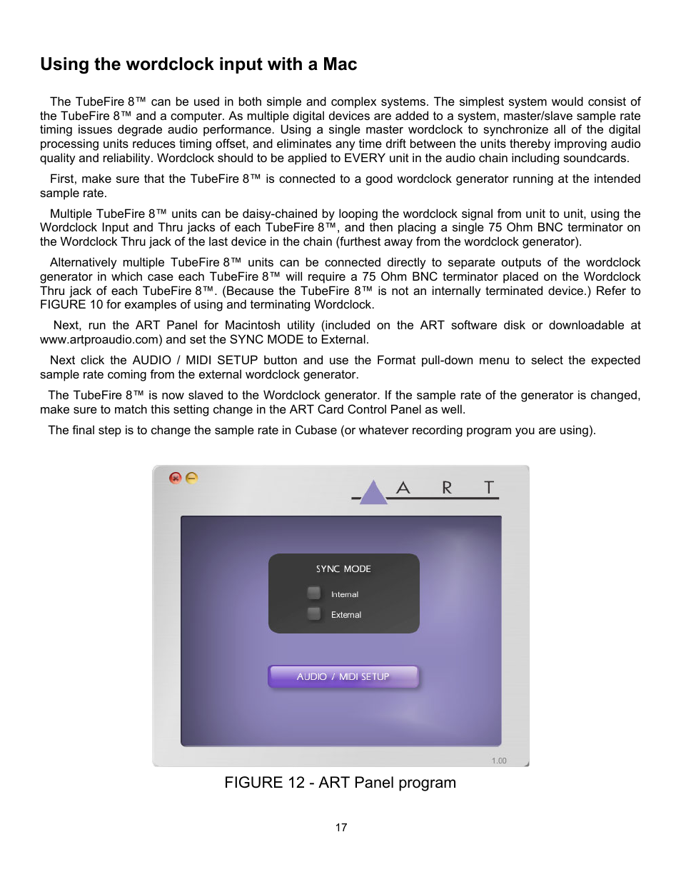 Using the wordclock input with a mac, Figure 12 - art panel program | ART Pro Audio TubeFire 8 - Eight Ch. Mic Pre with Firewire User Manual | Page 18 / 26