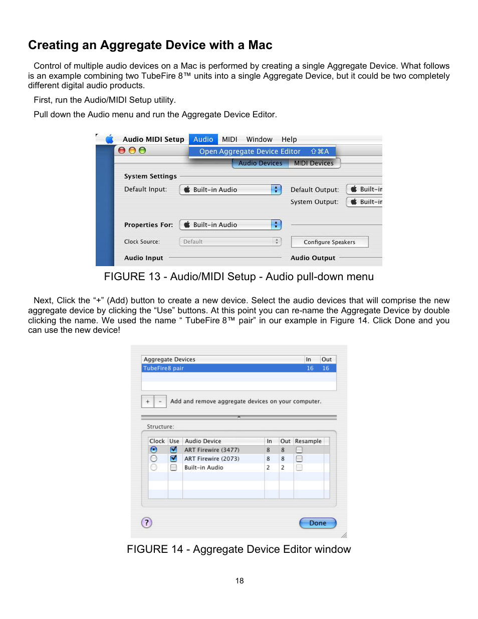 Creating an aggregate device with a mac, Figure 14 - aggregate device editor window | ART Pro Audio TubeFire 8 - Eight Ch. Mic Pre with Firewire User Manual | Page 19 / 26