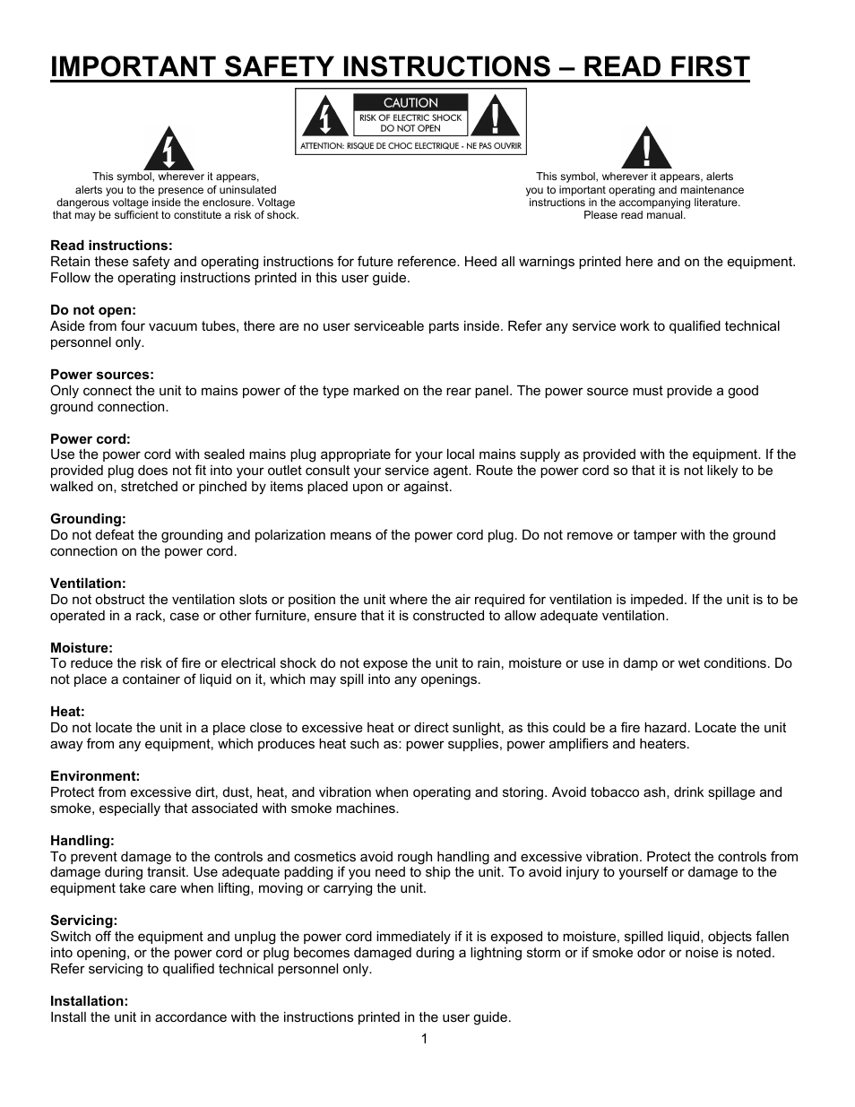 Important safety instructions – read first | ART Pro Audio TubeFire 8 - Eight Ch. Mic Pre with Firewire User Manual | Page 2 / 26