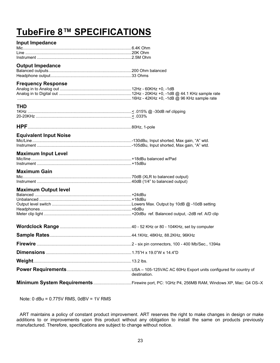 Tubefire 8™ specifications | ART Pro Audio TubeFire 8 - Eight Ch. Mic Pre with Firewire User Manual | Page 24 / 26