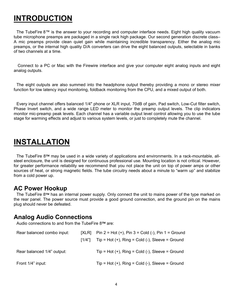 Introduction, Installation, Ac power hookup | Analog audio connections, Introduction installation | ART Pro Audio TubeFire 8 - Eight Ch. Mic Pre with Firewire User Manual | Page 5 / 26