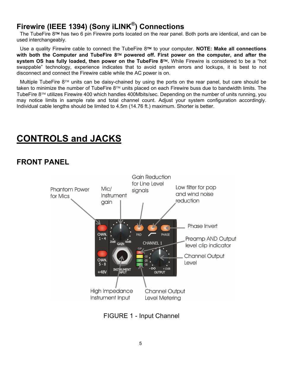 Firewire \(ieee 1394\) \(sony ilink®\) conn, Controls and jacks, Front panel | Figure 1 - input channel, Firewire (ieee 1394) (sony ilink, Connections | ART Pro Audio TubeFire 8 - Eight Ch. Mic Pre with Firewire User Manual | Page 6 / 26