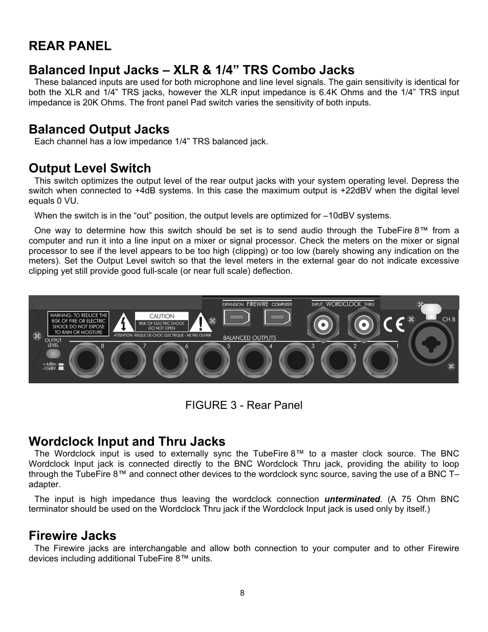 Rear panel, Balanced input jacks – xlr & 1/4” trs combo jacks, Balanced output jacks | Output level switch, Figure 3 - rear panel, Wordclock input and thru jacks, Firewire jacks | ART Pro Audio TubeFire 8 - Eight Ch. Mic Pre with Firewire User Manual | Page 9 / 26