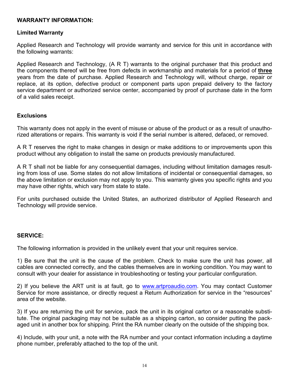 Limited warranty, Exclusions | ART Pro Audio USB Phono Plus - Project Series User Manual | Page 14 / 16