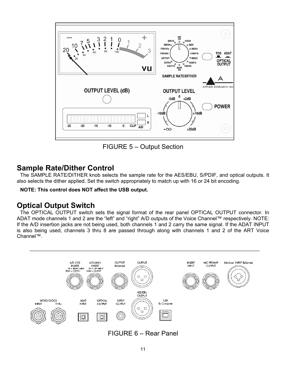 Figure 5 – output section, Sample rate/dither control, Optical output switch | Figure 6 – rear panel | ART Pro Audio VoiceChannel - Tube Channel Strip with Digital Outs User Manual | Page 12 / 20