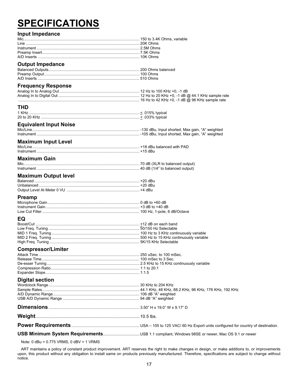 Specifications | ART Pro Audio VoiceChannel - Tube Channel Strip with Digital Outs User Manual | Page 18 / 20