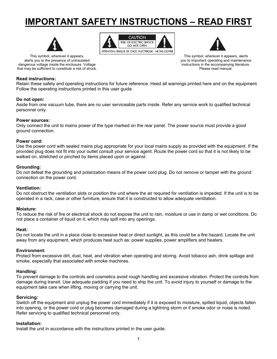 Important safety instructions – read first | ART Pro Audio VoiceChannel - Tube Channel Strip with Digital Outs User Manual | Page 2 / 20