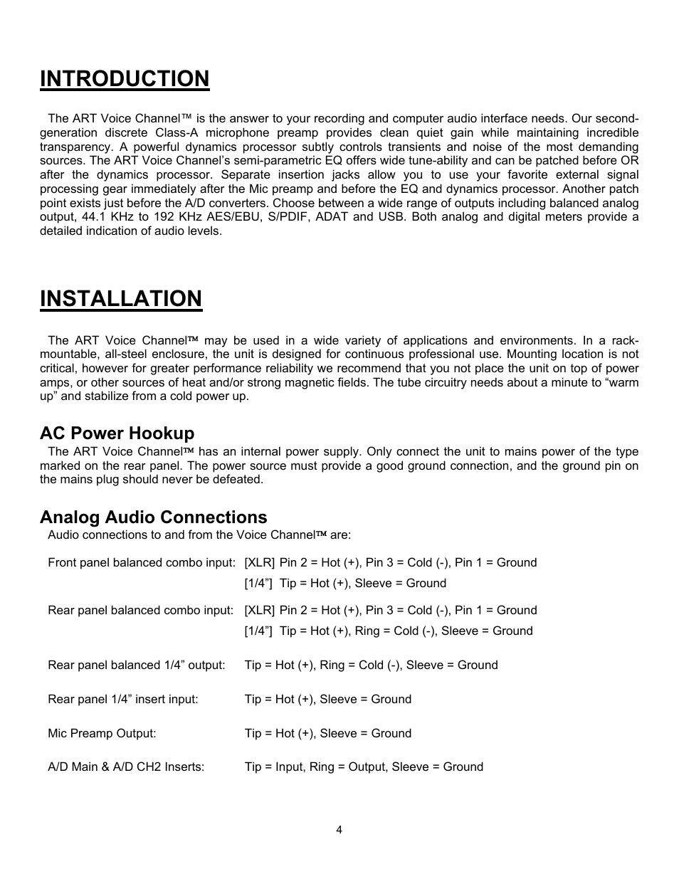 Introduction, Installation, Ac power hookup | Analog audio connections | ART Pro Audio VoiceChannel - Tube Channel Strip with Digital Outs User Manual | Page 5 / 20